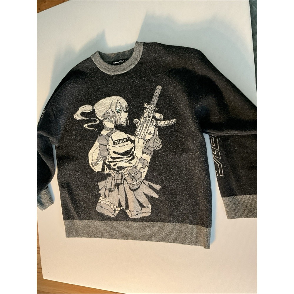 TAKA Original Anime Girl Graphic Knit Sweater Men's XL Black Gray Streetwear